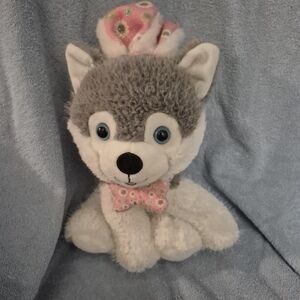 Adorable Gray and White Plush Dog with Pink Bow